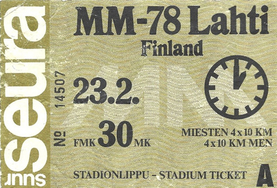MM-78 Lahti pääsylippu, johon sisältyi vakuutus.