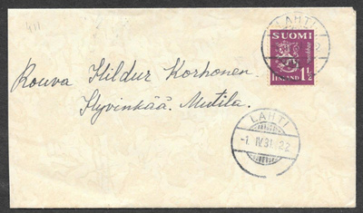 Yleismerkki 1,50mk (LAPE 152) Lahti 1.4.1931