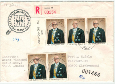 1980 Kekkonen 5 kpl kirjattu kirje