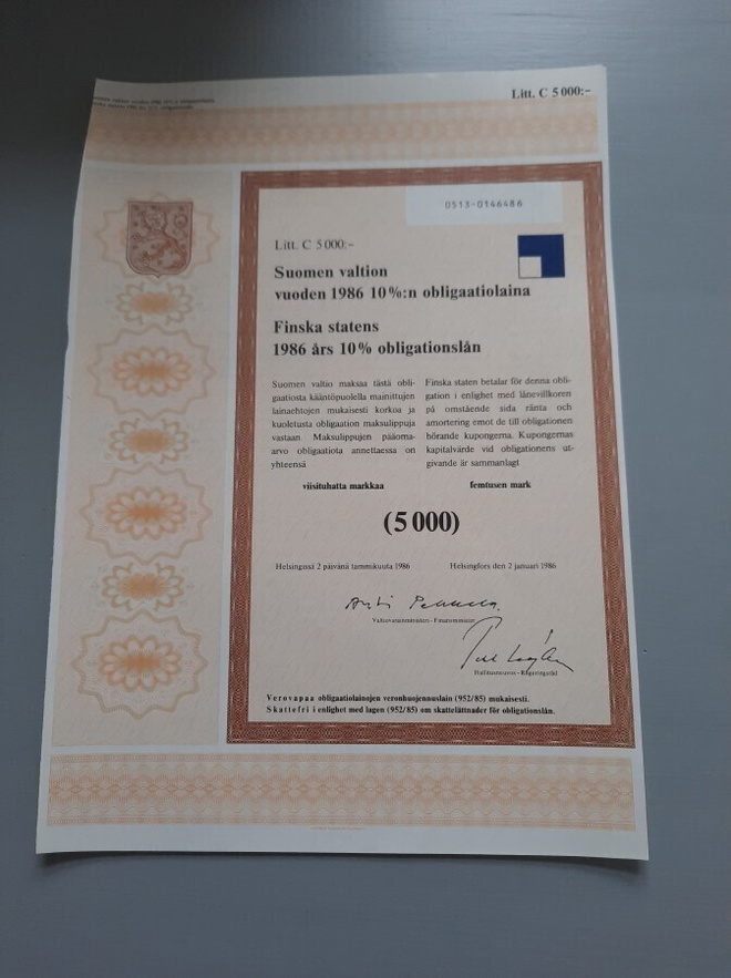 obligaatio Suomen valtio -86 10% 5.000