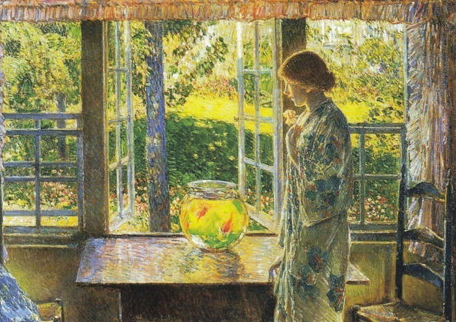 Childe Hassam: Kultakalat ikkunan edessä