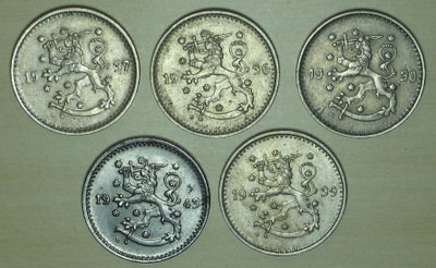 SUOMI 1 markka 5 kpl 1930 1936 1937 1939 1943