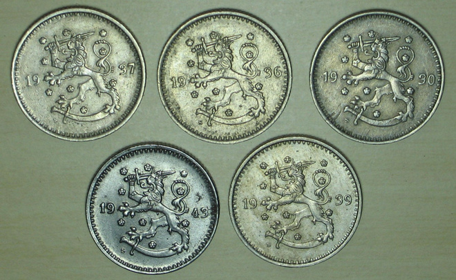 SUOMI 1 markka 5 kpl 1930 1936 1937 1939 1943