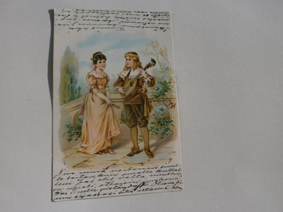 Trubaduuri esiintyy armaalleen soittaen ja laulaen, p. 1902