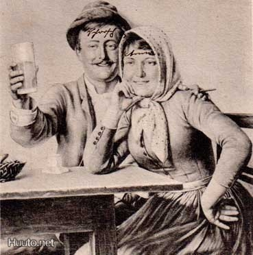 RAKKAUS / Mies ja nainen oluen äärellä. 1900-l.