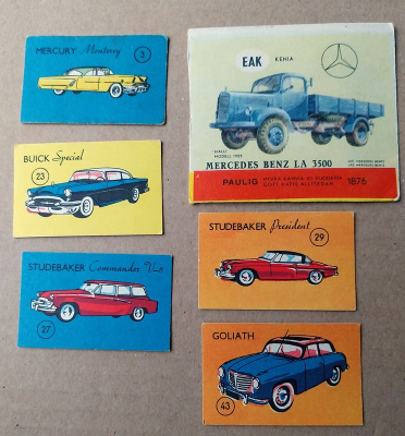 6 autoaiheista etikettiä mm. Buick MB Sudebaker Mercury