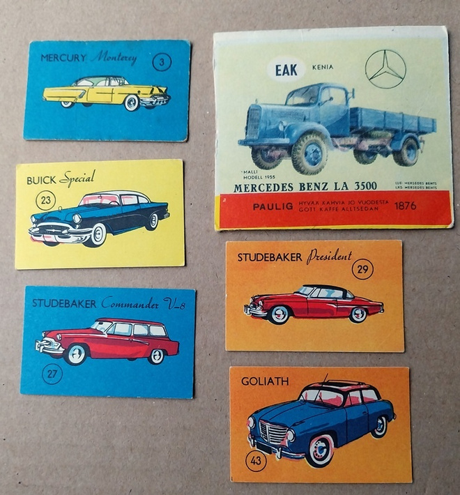 6 autoaiheista etikettiä mm. Buick MB Sudebaker Mercury