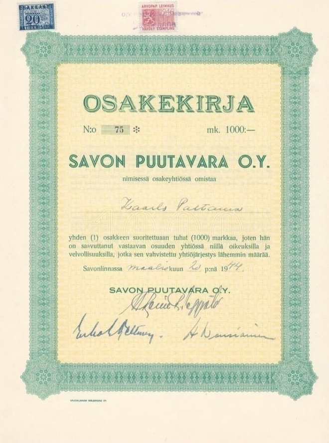 OKK 1944 Savon Puutavara Oy, Savonlinna osakekirja