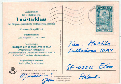 Ruotsi 1994 postimuseon ehiökortti Suomeen