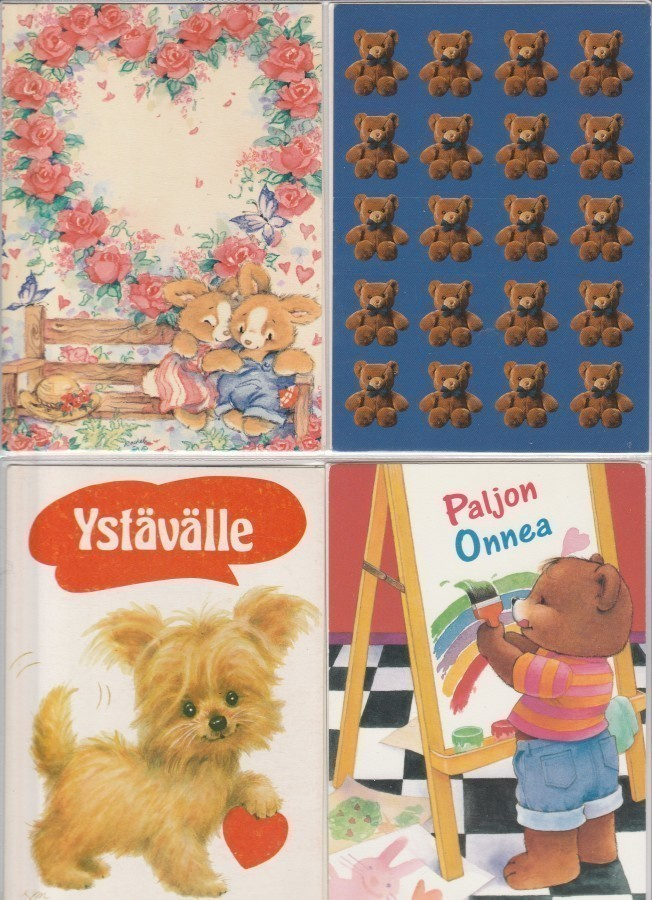Postikorttierä,   4 korttia, Nallet / Pehmolelut
