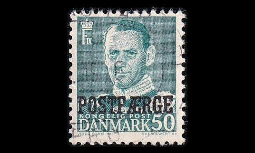 Tanska PF_38 o Frederik IX 50 öre sinivihreä (1955)
