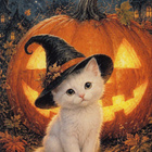 Halloween pieni valkoinen kissa, suuri kurpitsa - pikkukuva 1