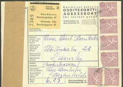 1954 M54 20mk 6kpl (1 rikki) pakettikortilla