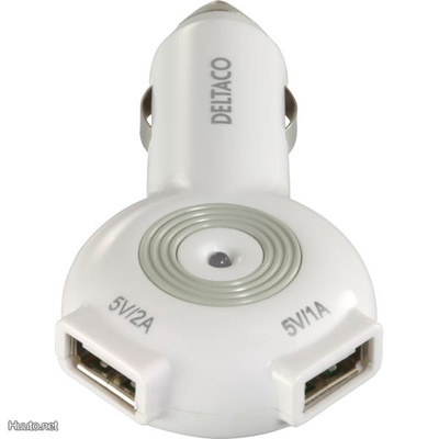 Deltaco USB laturi autoon, 2x USB: 1A JA 2A , valkoinen UUSI