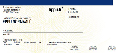 EPPU NORMAALI RATINA TO 6.8.2026 2 kpl kenttälippuja