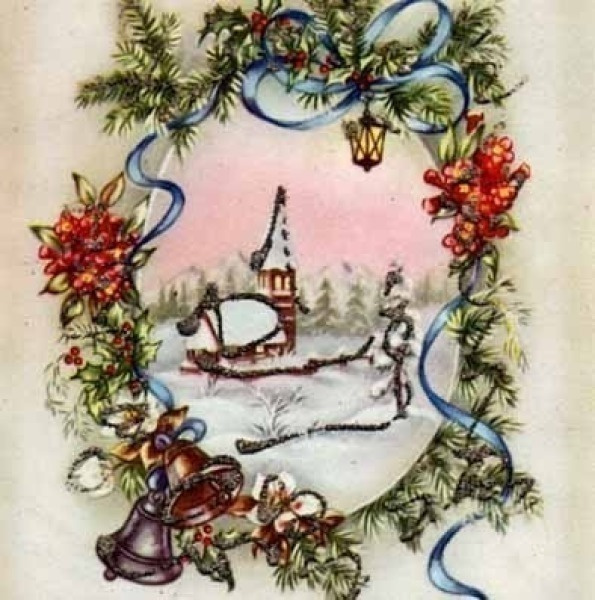 UPEA HILEINEN!! / Kirkko, luminen maisema, kranssi. 1960-l.