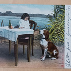 Lapsi ruokailee, koira odottaa tipahtavan herkkuja, p. 1904 - pikkukuva 1