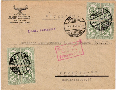1921 50p vihreä 2 nelilöä lentokirje Saksaan 15.9.24
