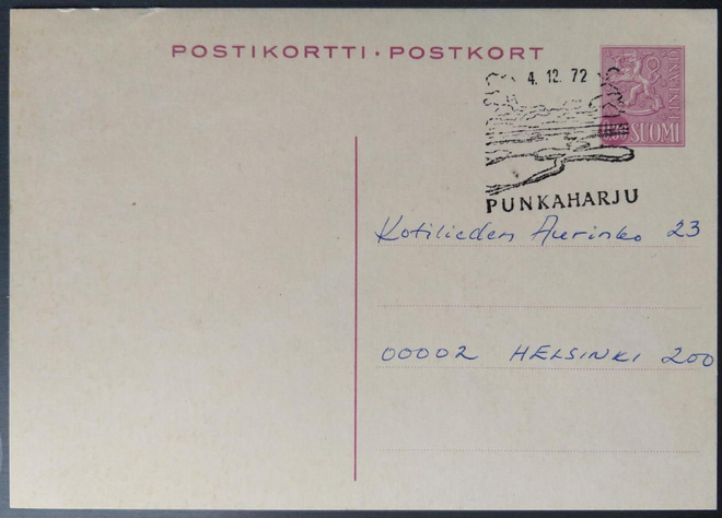 Kuvaleima PUNKAHARJU kulk. ehiökortilla 1972
