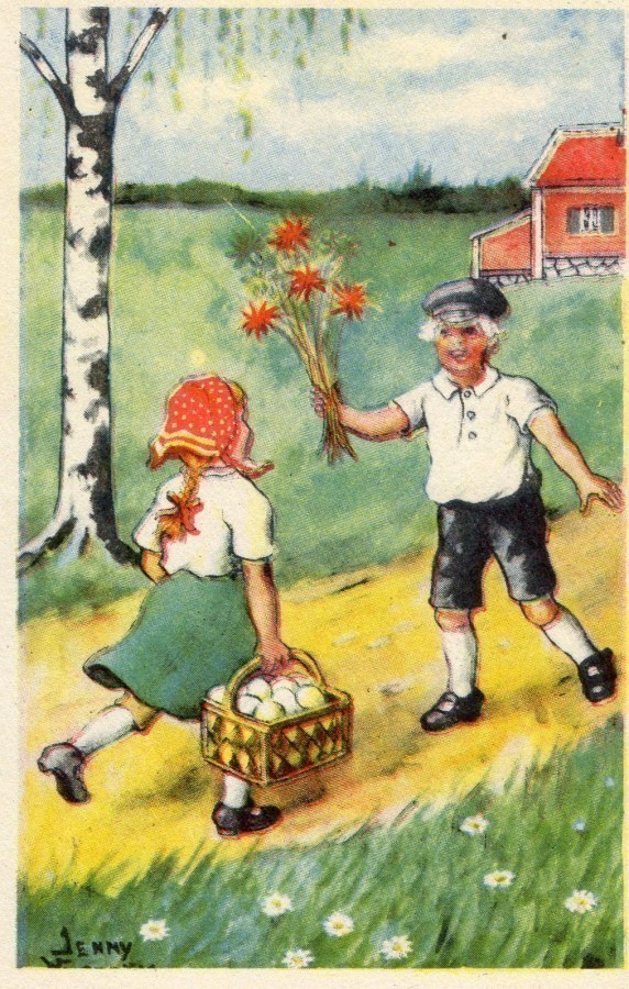 Jenny Nyström Pääsiäiskortti Tyttö ja Poika. Vanha.