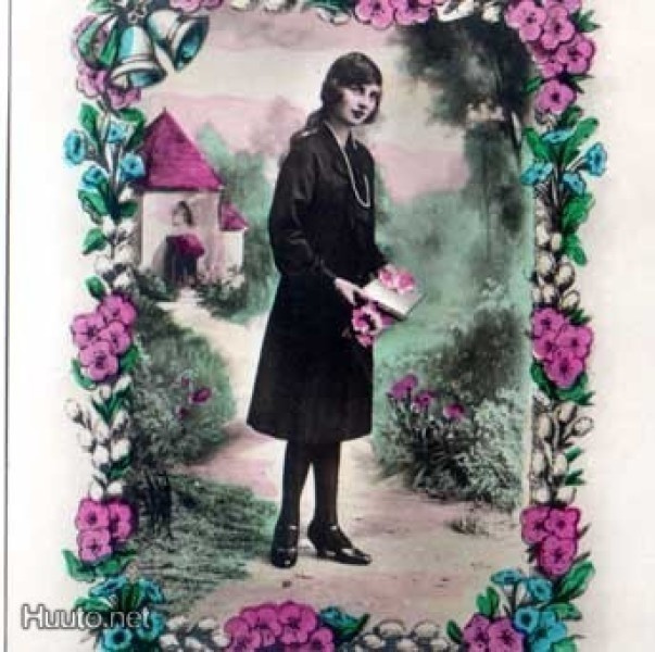 KONFIRMAATIO / Art deco tyttö ja kukkamedaljongi. 1920-l.