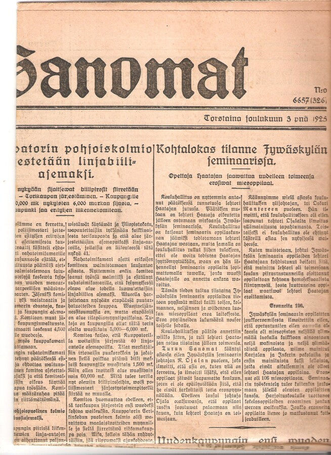 Heikki Haataja, artikkeli, Turun Sanomat 03.12.1925.