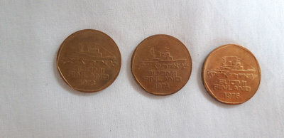 5 mk v. 1973, 74 ja 1976, Jäänmurtaja Urho kolikko, 3 kpl