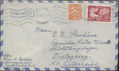 1957 SAK ja 3 (mk) leijona lentokirje Itävaltaan