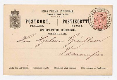 Ehiökortti 25.07.1890 Helsingfors - 2?.07.1890 Tammerfors