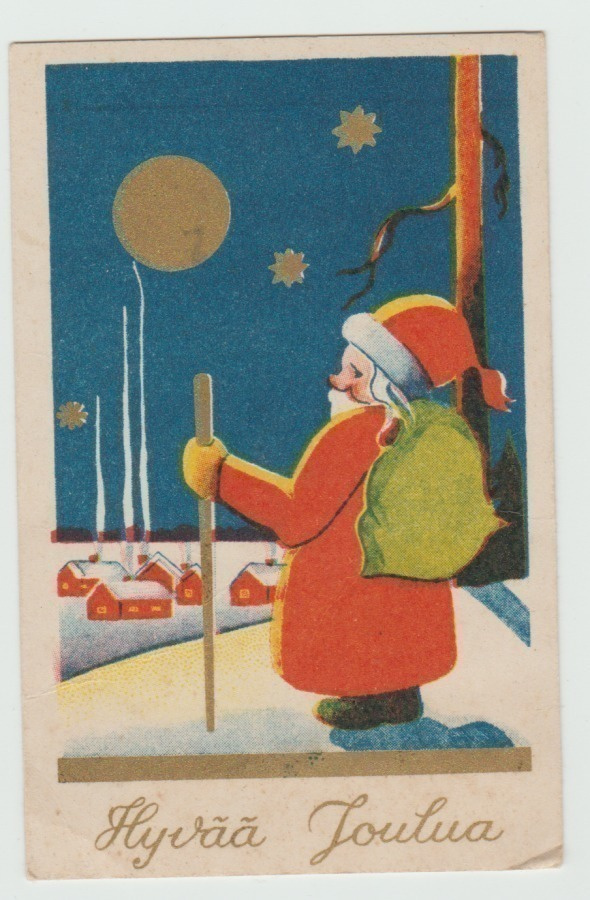 Pukki tarkastelee kylää säkki selässä   (7x11)    (T)