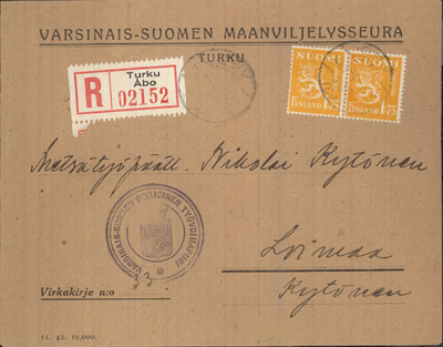 M30 1940 1,75 mk kelt. pari kirjausmaksuna vapaakirjeellä