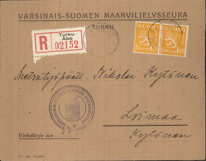 M30 1940 1,75 mk kelt. pari kirjausmaksuna vapaakirjeellä