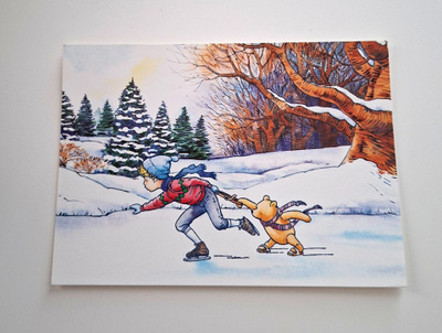"Poika ja Nalle Puh luistelevat"-KULKEMATON JOULUKORTTI