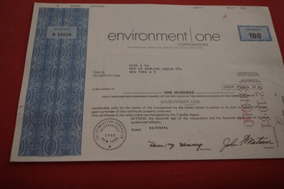 Osakekirja Yhdysvallat Environment One Corporation 1981