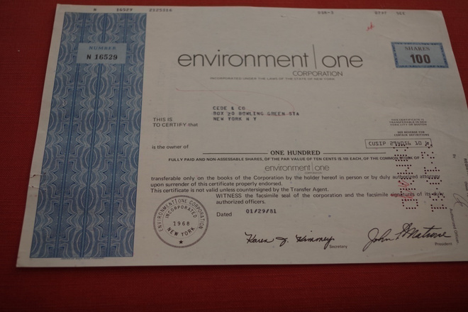 Osakekirja Yhdysvallat Environment One Corporation 1981