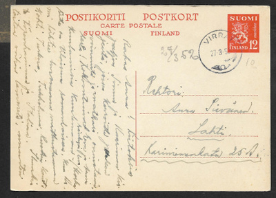 Postil. - Ehiö 12mk (LAPE 104) Virrat 27.3.1952