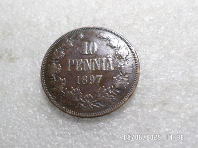 10  penniä  1897  tasaisesti  patinoitunut  hieno   raha,