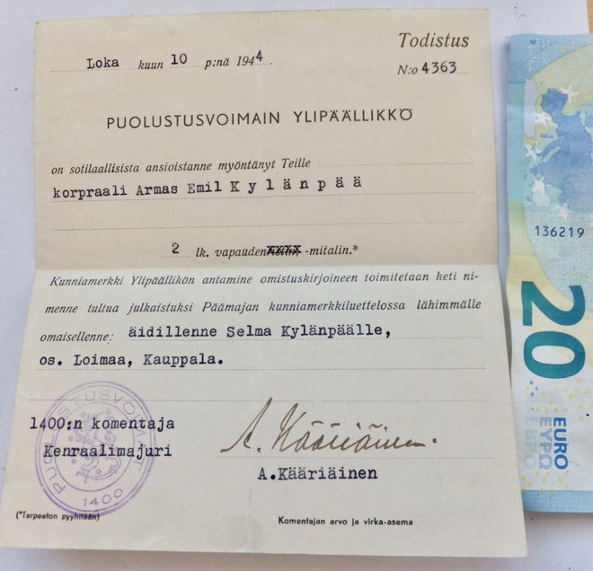 Todistus Vapaudenmitali 2lk Kenraali Kääriäinen Nimmari 1944