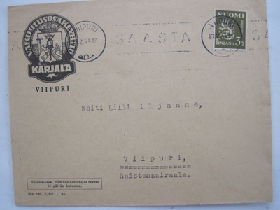 VANHA Firmakuori Vakuutusosakeyhtiö Karjala Viipuri 1944