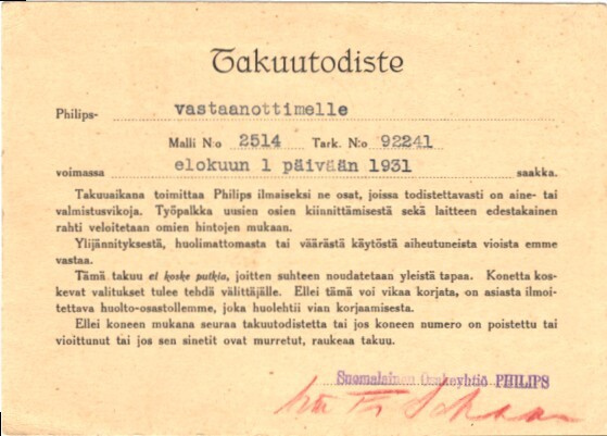 TAKUUTODISTUS  PHILIPS RADIOLLE