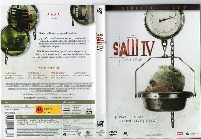 saw 4	(26 469)	k	-FI-	DVD	suomik.			2007	dir. cut.  1h 32min