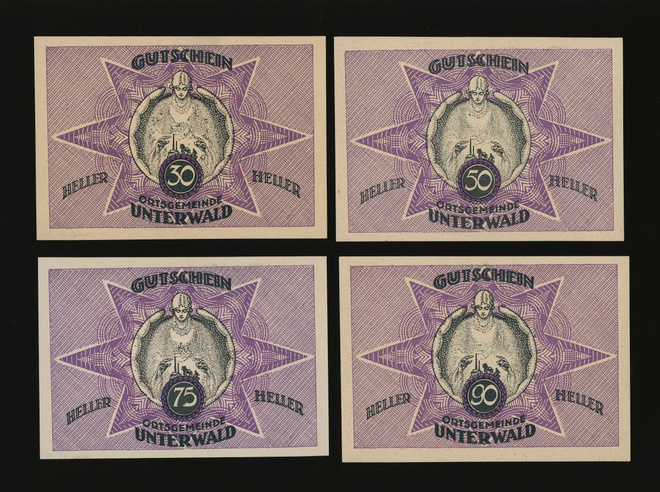Itävalta Notgeld 30, 50, 75, 90 Heller, Unterwald 1920