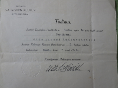 Suomen Valkoisen Ruusun Todistus v.1924