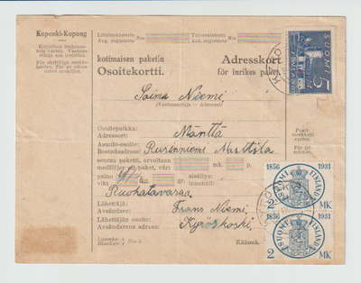 Osoitekortti, vanha v 1931 KYRÖSKOSKI--MÄNTTÄ,   POSTIMERKIT