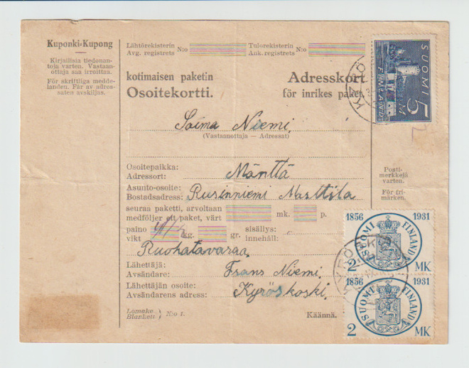 Osoitekortti, vanha v 1931 KYRÖSKOSKI--MÄNTTÄ,   POSTIMERKIT