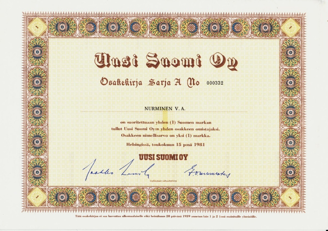 OKK 1981 Uusi Suomi Oy, Helsinki pörssi