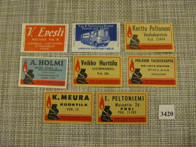 Tulitikkuetikettejä 8 kpl .mm. K.Meura Köörtilä.