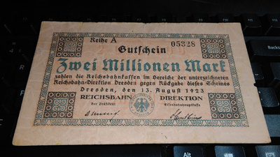 Germany Saksa Rautatie 2 millions Marks 1923 F+