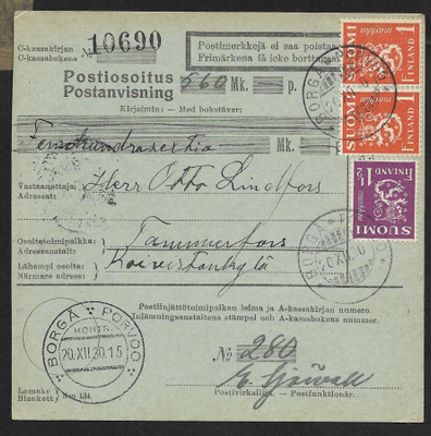 Postiosoitus - Yl.m. 1,5+1mk (LAPE 150+152) Porvoo 20.12.30