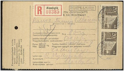 1945 20mk postitalo paketti - R-paketti kp-paketin os.kortti
